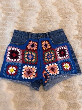 FARM Rio Blue Denim Crochet Patchwork High-Waist Shorts